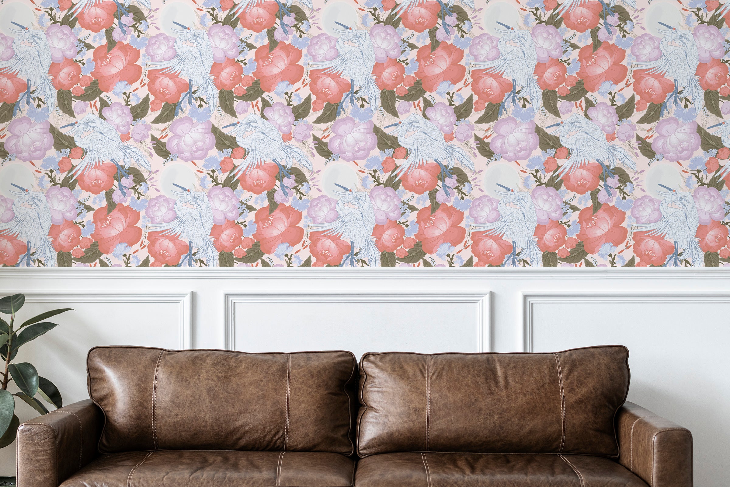 Magestic Cranes peel and stick wallpaper room mockup